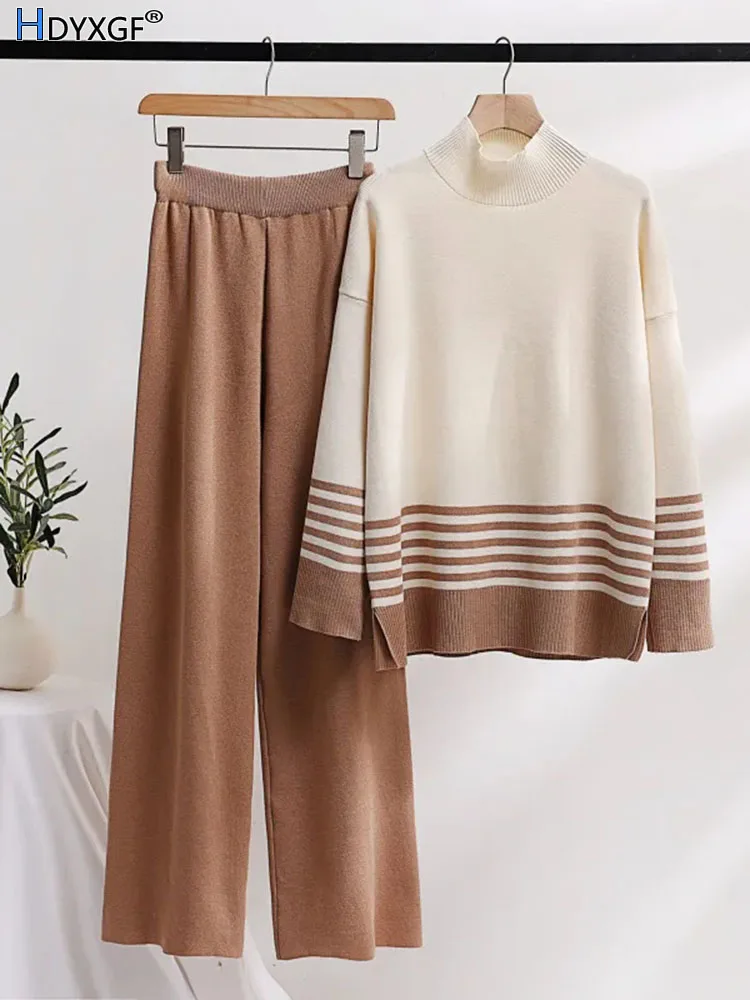 Top Trends: Autumn Knitted Wide Leg Sweater Pants Suits Fashionable Age Reduction Jumper Knit Tops Casual Loose Two Piece Sets For Women New Shoppable Styles