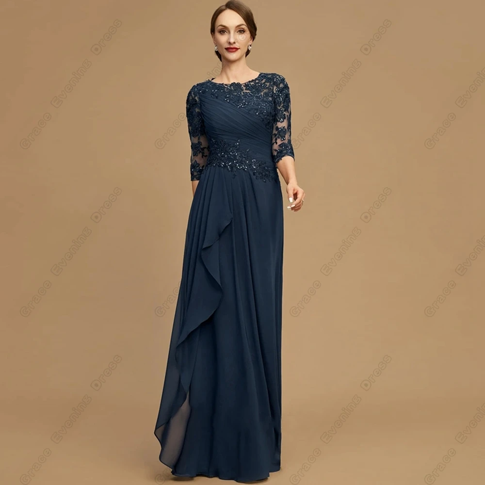 Top Trends: Navy Blue Three Quarter Wedding Party Gown For Women Lace Beach Chiffon Mother Of Bride Dresses Vestido De Noche 2023 Summer Shoppable Styles