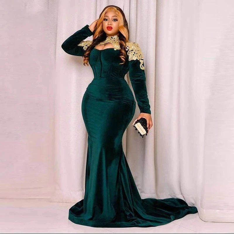 Top Trends: Charming Emerald Green Velvet Evening Dresses 2023 Gold Applique High Neck Long Sleeves Mermaid Dubai Gorgeous Party Plus Size Shoppable Styles