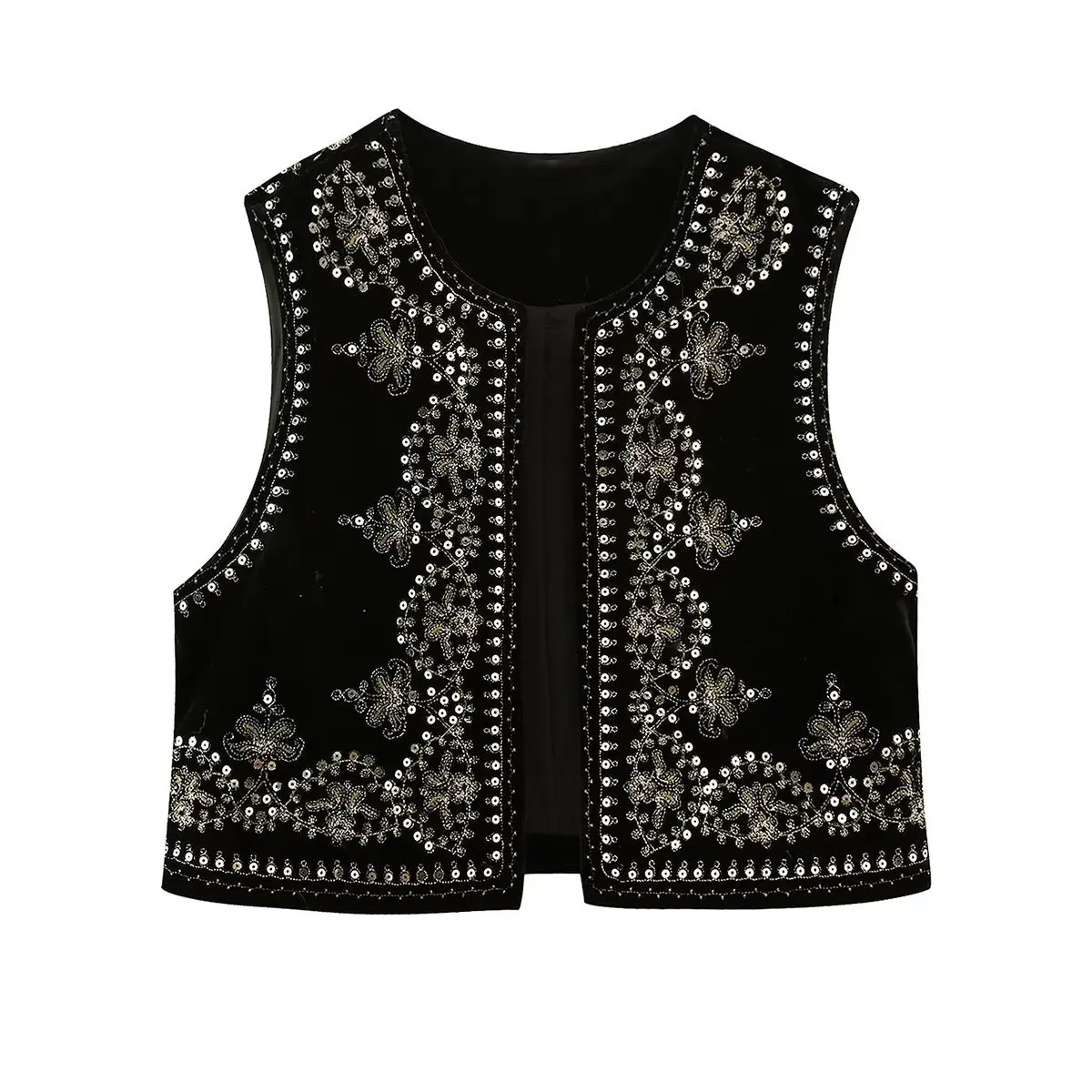 Top Trends: Traf Women Vintage O Neck Sequins Flower Embroidery Short Vest Jacket Ladies Sleeveless Casual Velvet WaistCoat Tops Clothes Shoppable Styles