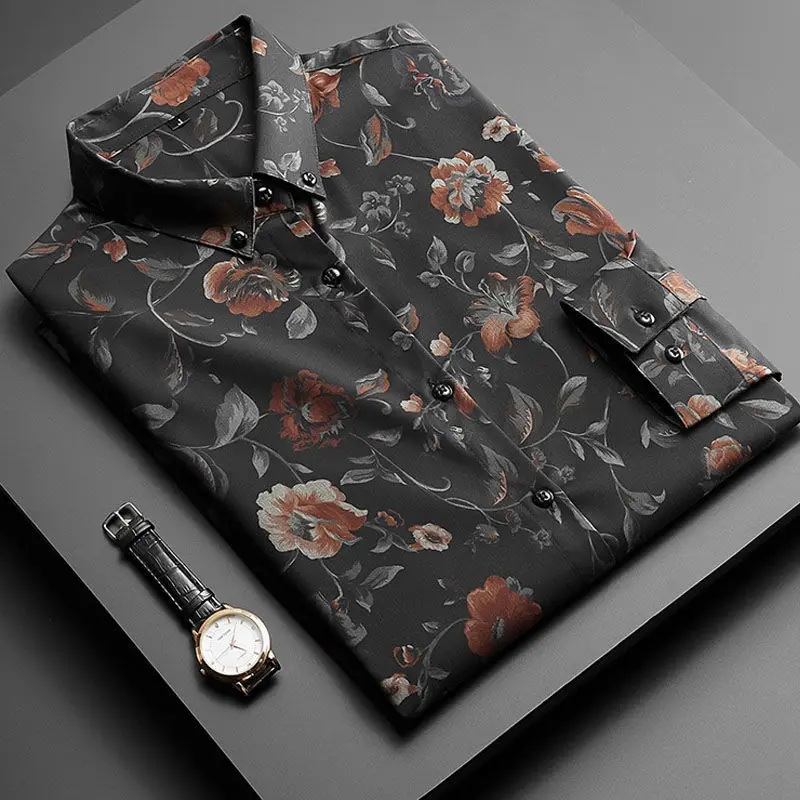 Top Trends: Spring Summer Thin Business Shirts Handsome Button Temperament Printing Fashion Casual Vintage Turn-down Collar Men&#039;s Clothing Shoppable Styles