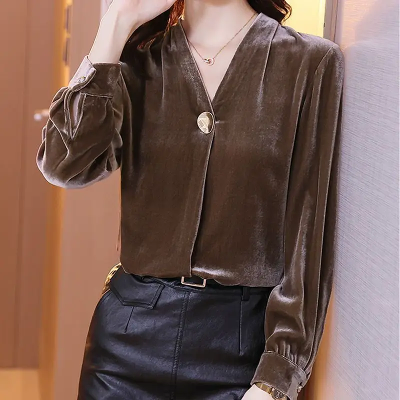 Top Trends: Gold Velvet Solid Women Bottom T-Shirts Autumn Korean Fashion Simple Office Lady Versatile Button Loose Long Sleeved V-neck Tops Shoppable Styles - Image 4