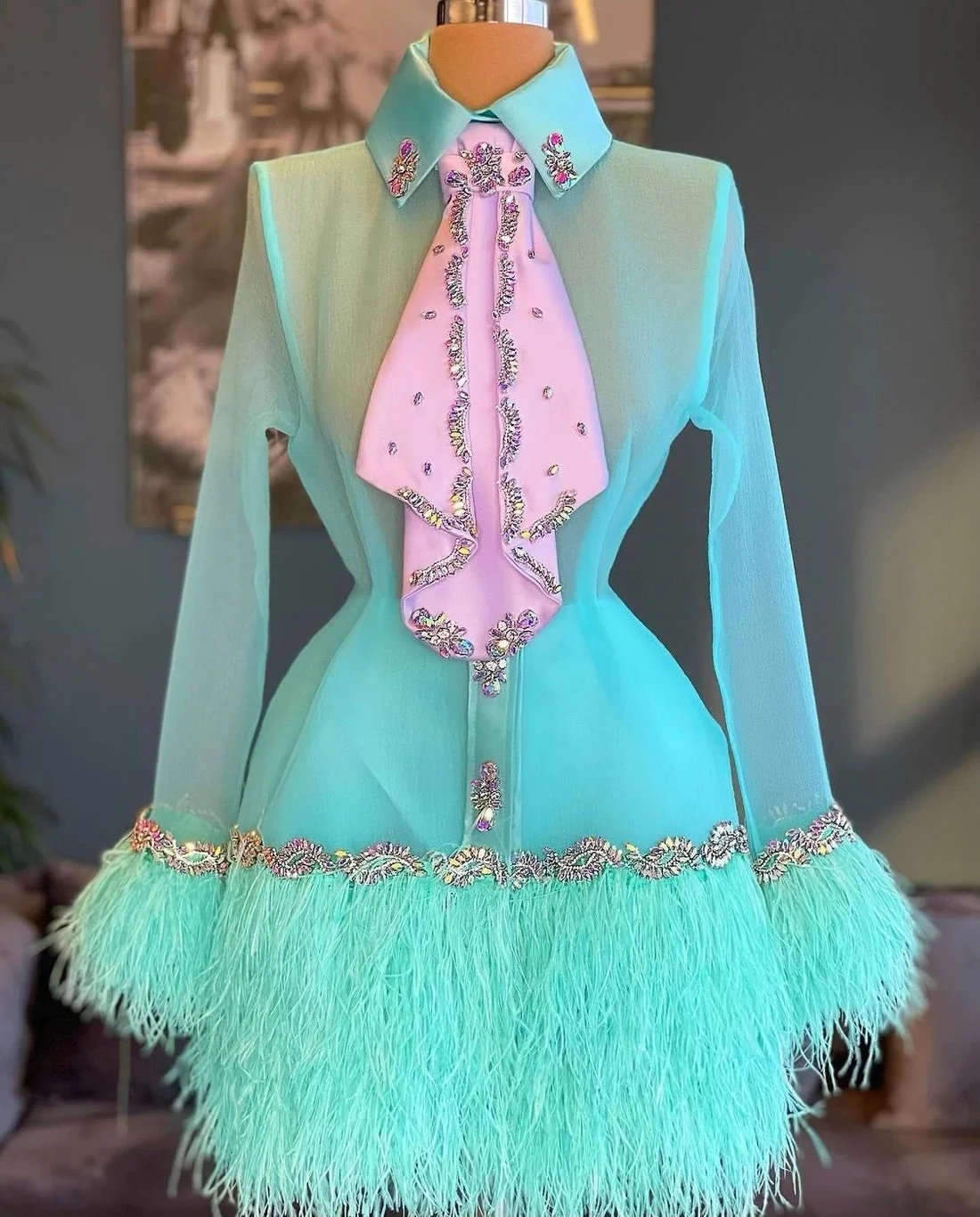 Top Trends: Turquoise Cocktail Dresses Sheath Long Sleeves Short Mini Tulle Feather Beaded Homecoming Dresses Haute Couture Shoppable Styles