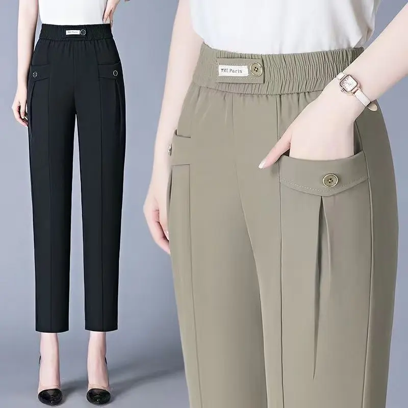 Top Trends: Office Lady Fashion Korean Harlen Pants Spring Summer New Women Elastic High Waist Solid Pockets Slim Casual Straight Trousers Shoppable Styles