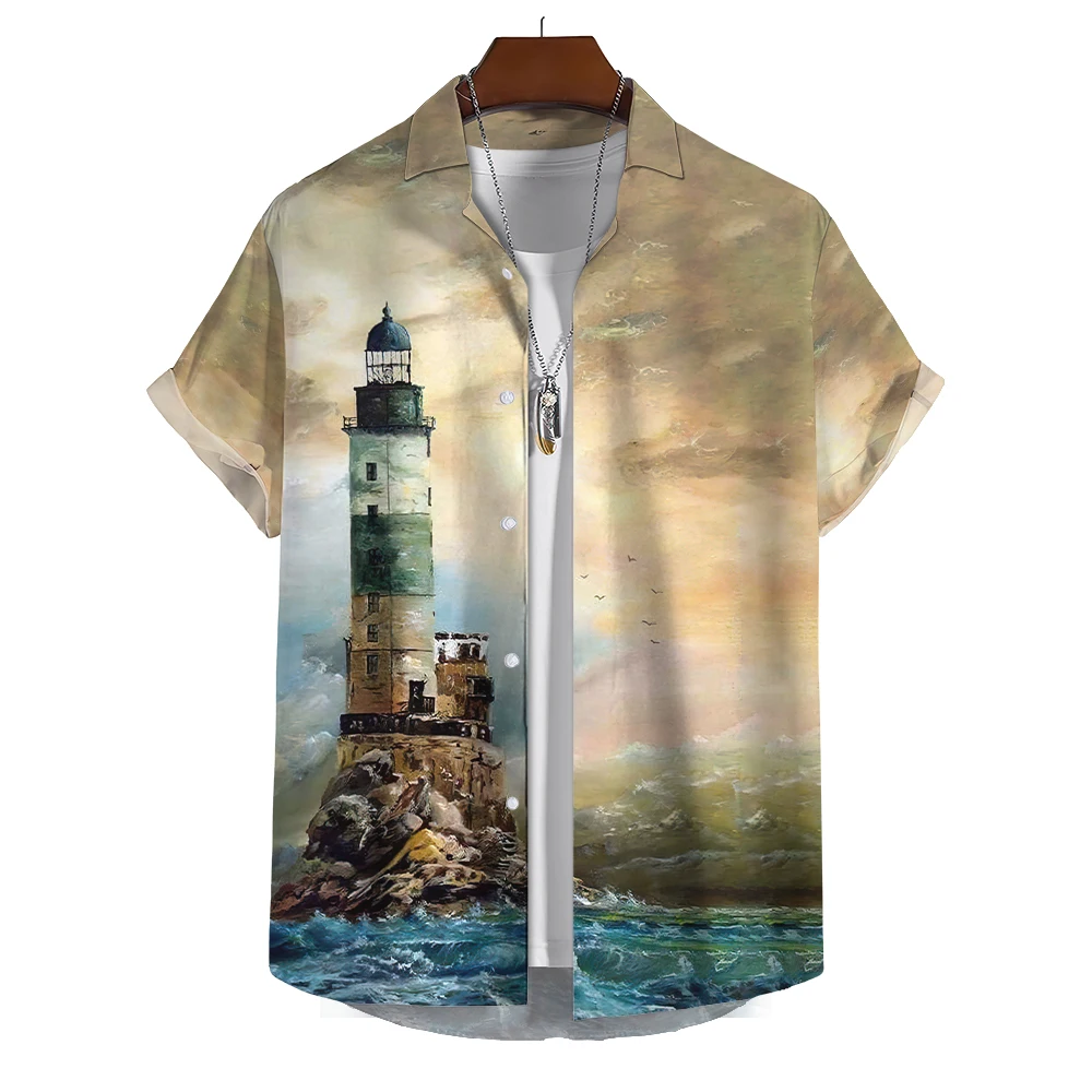 Top Trends: Summer Shirt For Men Lighthouse 3d Printed Men‘S Clothing Loose Oversized Shirt Beach Party Short Sleeved Tops Hawaii Sweatshirt Shoppable Styles