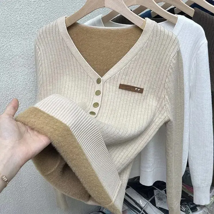 Top Trends: Mink One Piece Plush Thickened Sweater Underlay Sweater Autumn Winter New Korean Temperament Simple Slim V-neck Button Knit Tops Shoppable Styles