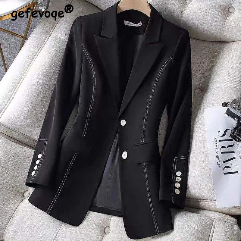 Top Trends: Spring Autumn Women Fashion Elegant Black White Button Slim Blazers Jacket Office Lady Notched Collar Long Sleeve Chic Suit Coat Shoppable Styles