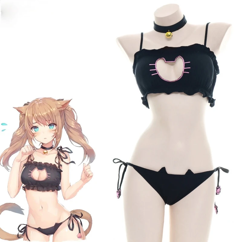 Top Trends: Anime Cute Cat Paw Bikini Swimsuit Costume Summer Beach Girl Mini Lovely Cats Bell Swimwear Uniform Cosplay Shoppable Styles