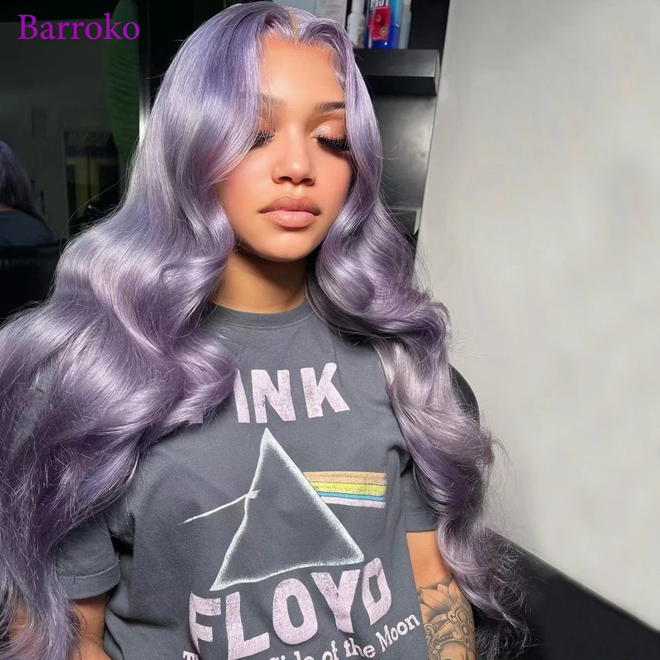 Top Trends: Barroko 13x4 Lace Frontal Wigs Lavender Purple Colored Body Wave Human Hair Wigs Pre Plucked Remy Hair 180% Transparent Lace Wig Shoppable Styles