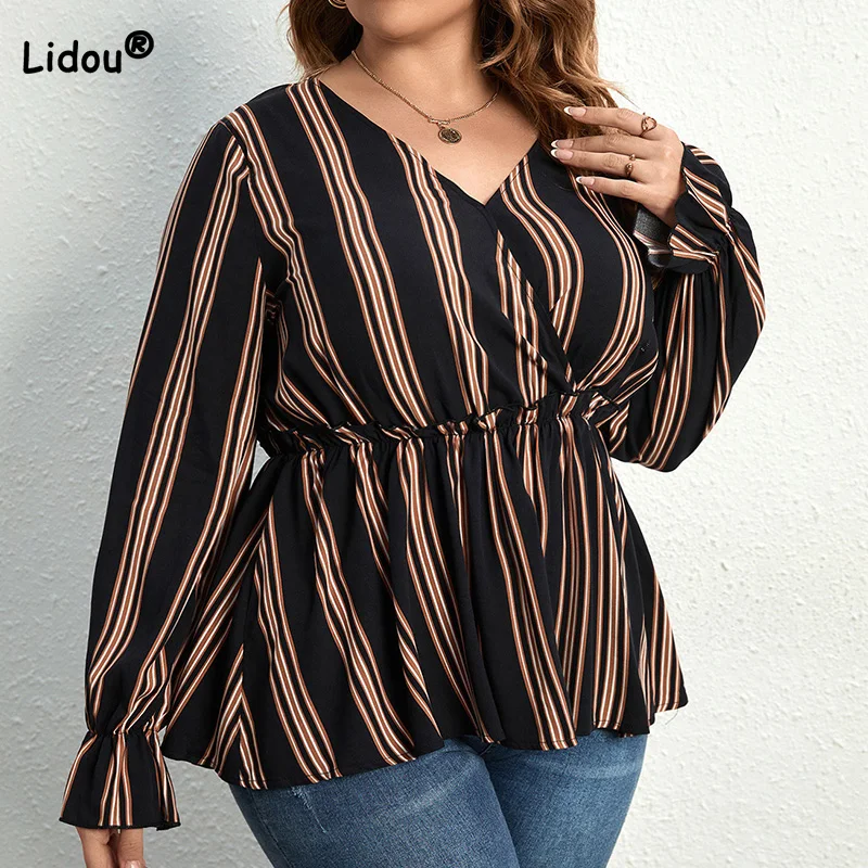 Top Trends: 2022 New Plus Size Autumn Commute Women T-Shirt V-Neck Striped Printing Long Sleeve England Loose Black Pullover Tunic Top Trend Shoppable Styles