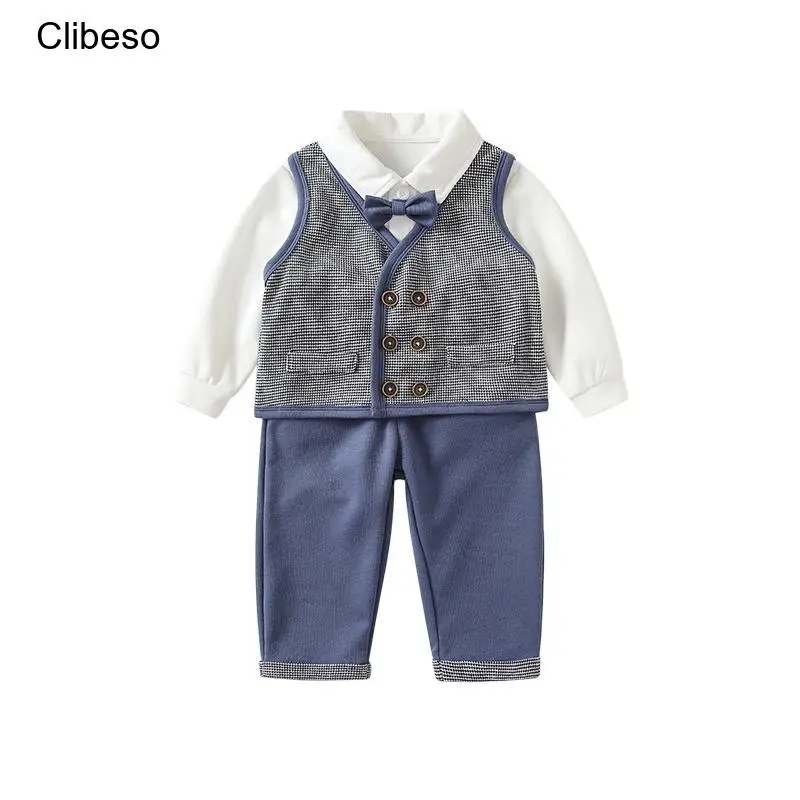 Top Trends: 2024 Clibeso Gentleman Clothes Outfit Set For Baby Boys Kids Elegant First Birthday Suits Children Printed Cardigan+ Shirt+ Pants Shoppable Styles