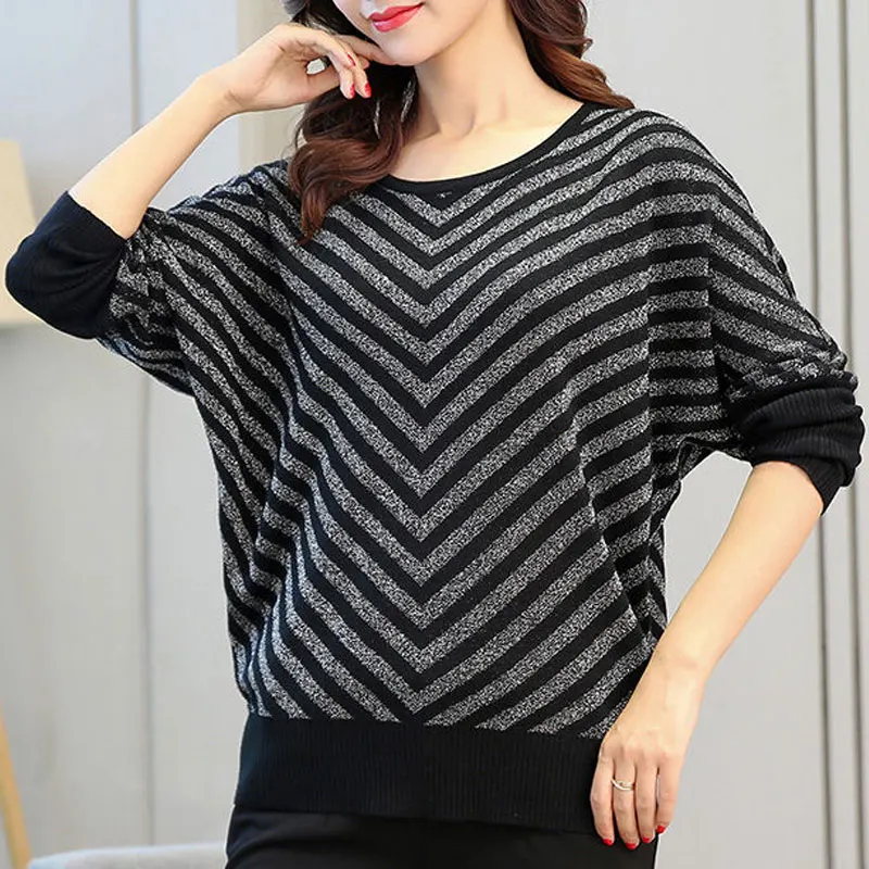 Top Trends: Spring Autumn Vintage Striped Wave Cut Spliced Knitted Sweaters Female Loose Batwing Sleeve Stylish Bright Silk O-Neck Jumpers Shoppable Styles