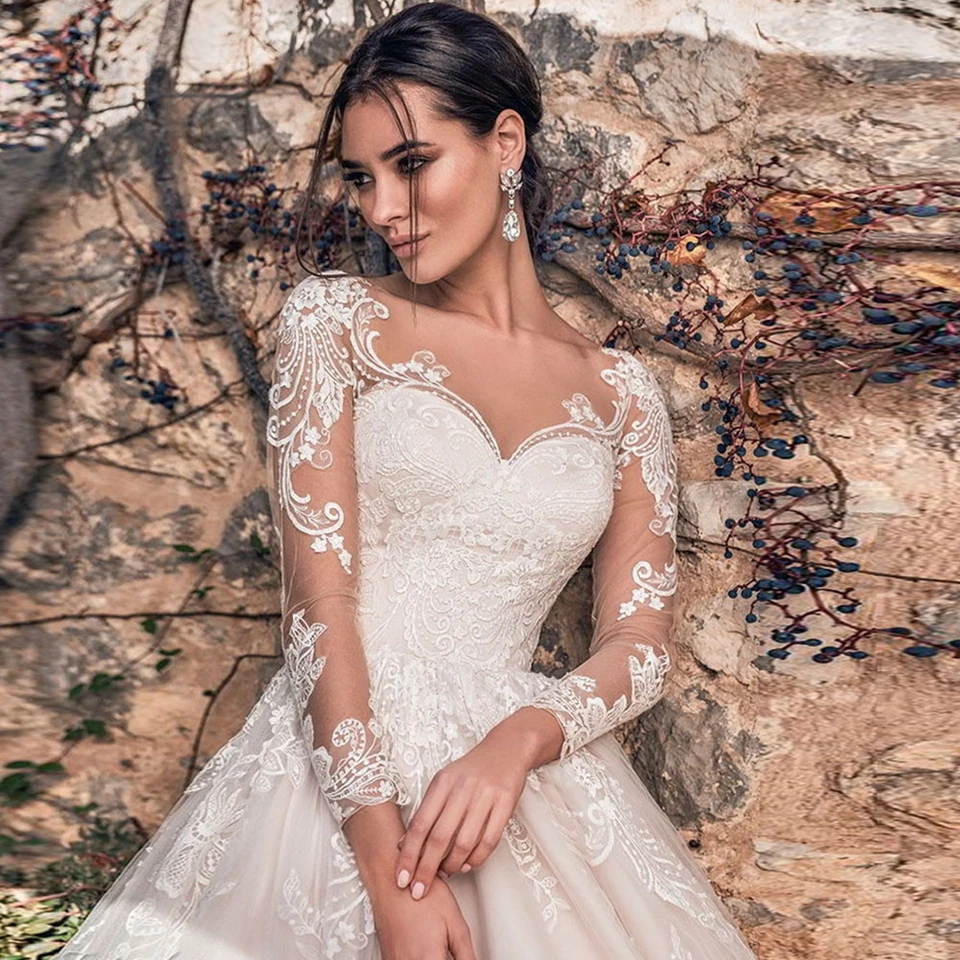 Top Trends: Exquisite Lace Appliques Ball Gown Long Sleeves Wedding Dress 2023 Illusion Buttons Back Court Train Bride Gown Vestido De Noiva Shoppable Styles - Image 3