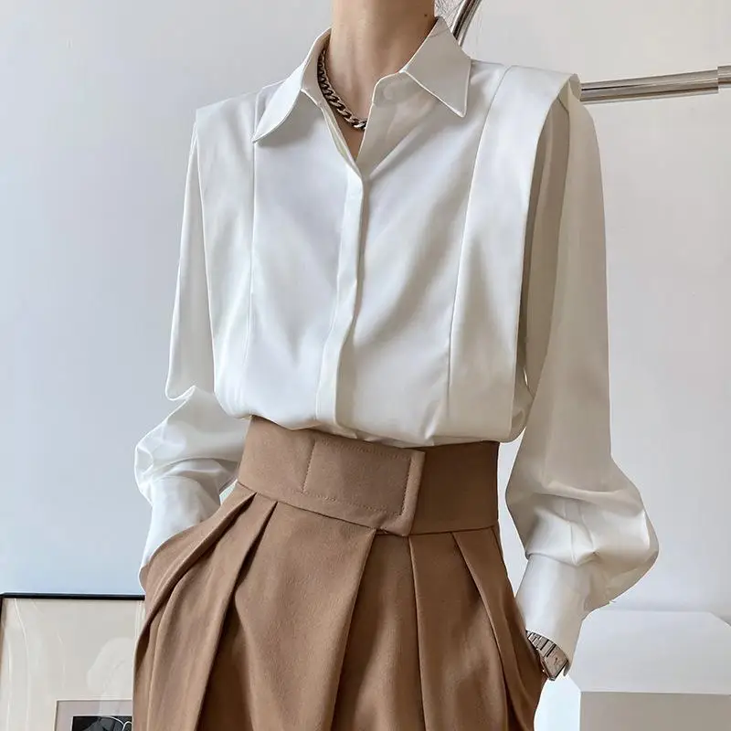 Top Trends: HOUZHOU Vintage Satin White Elegant Blouse Women Office Ladies Korean Fashion Aesthetic Long Sleeve Old Money Style Shirt Female Shoppable Styles