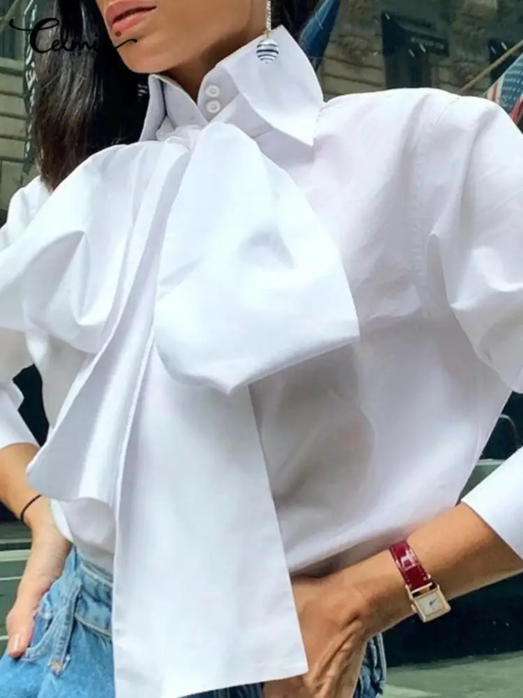 Top Trends: Celmia Women Bow Tie Neck White Shirts 2023 Fashion Long Sleeve Chemise Casual Elegant Party Blouse Solid Blusas Tops Femininas Shoppable Styles