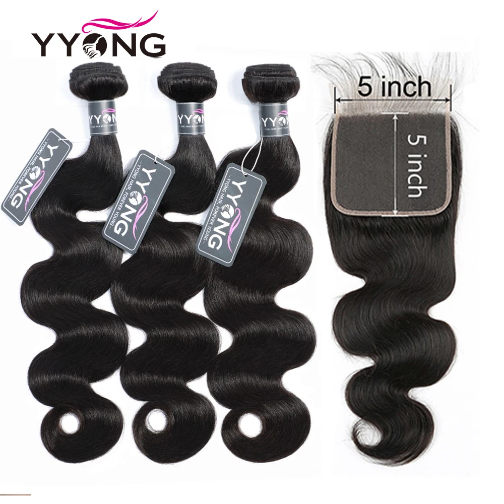 Top Trends: YYong Brazilian Body Wave 5x5 Lace Closure With Bundles 3 / 4 Bundles With Closure 100% Remy Human Hair Closure With Bundles Shoppable Styles