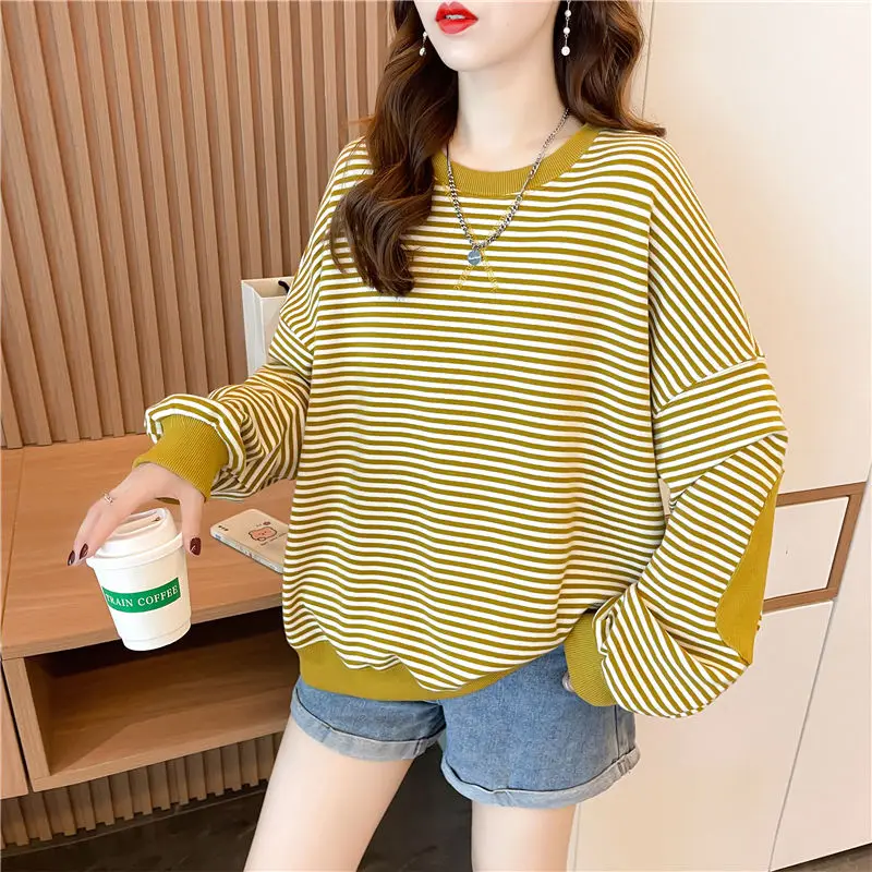 Top Trends: Fashion All-match Striped Long Sleeve Sweatshirts Autumn Winter Korean Casual Round Neck Pullovers T-shirt Women&#039;s Clothing Shoppable Styles