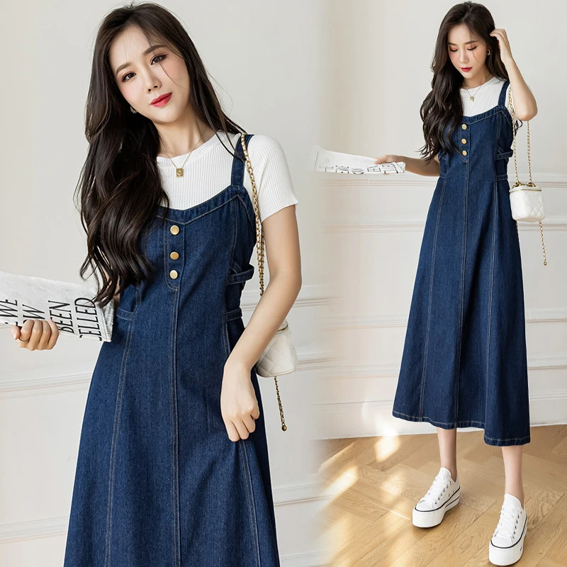 Top Trends: S-5XL Women Denim Strap Dress High Waist Sleeveless A-Line Jean Maxi Dresses Spring Summer Lace Up Solid Color Dress Shoppable Styles