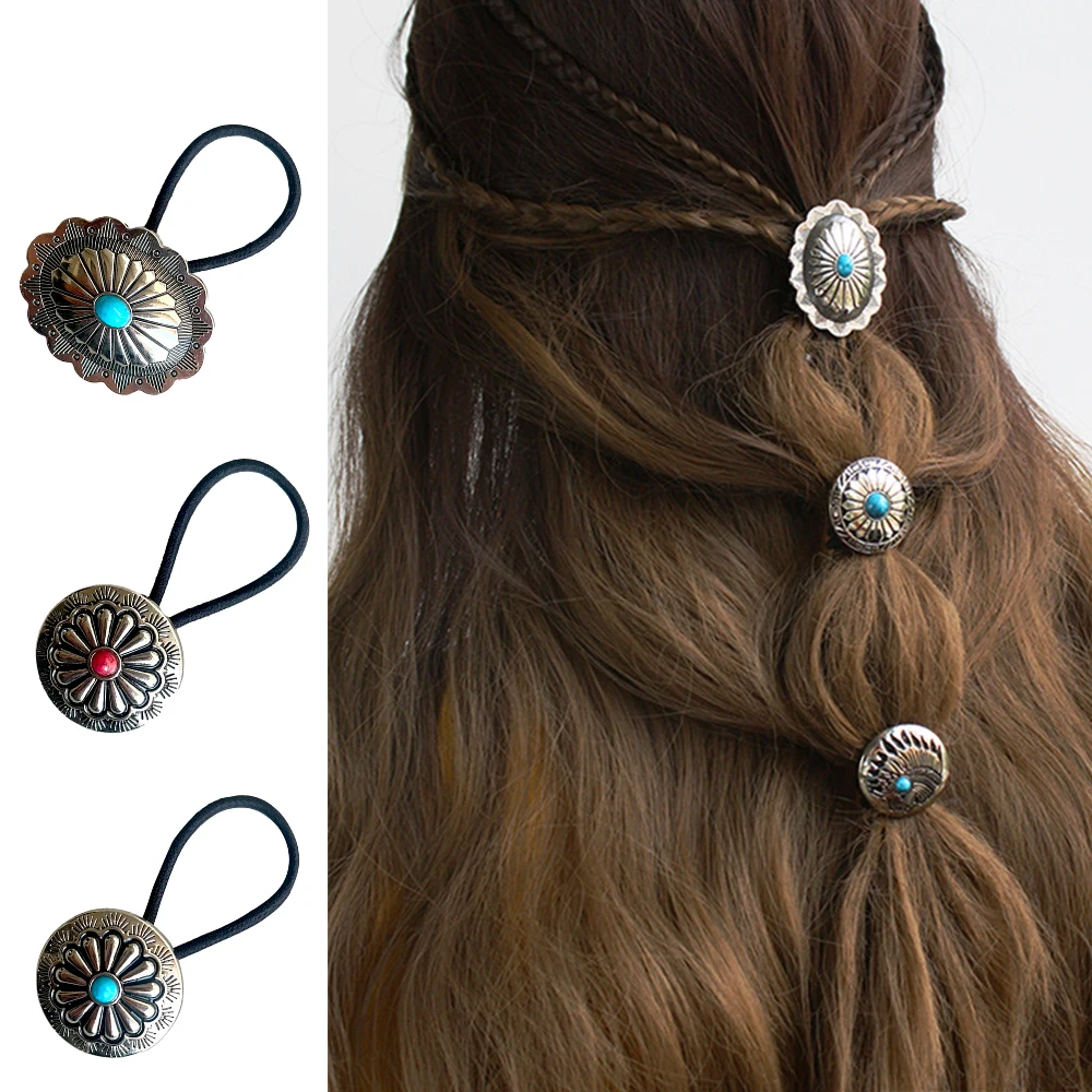 Top Trends: Western Style Hair Rope Metal Turquoise Rubber Band For Women Personality Retro Ponytail Holder Hair Tie Hair Accessories Shoppable Styles