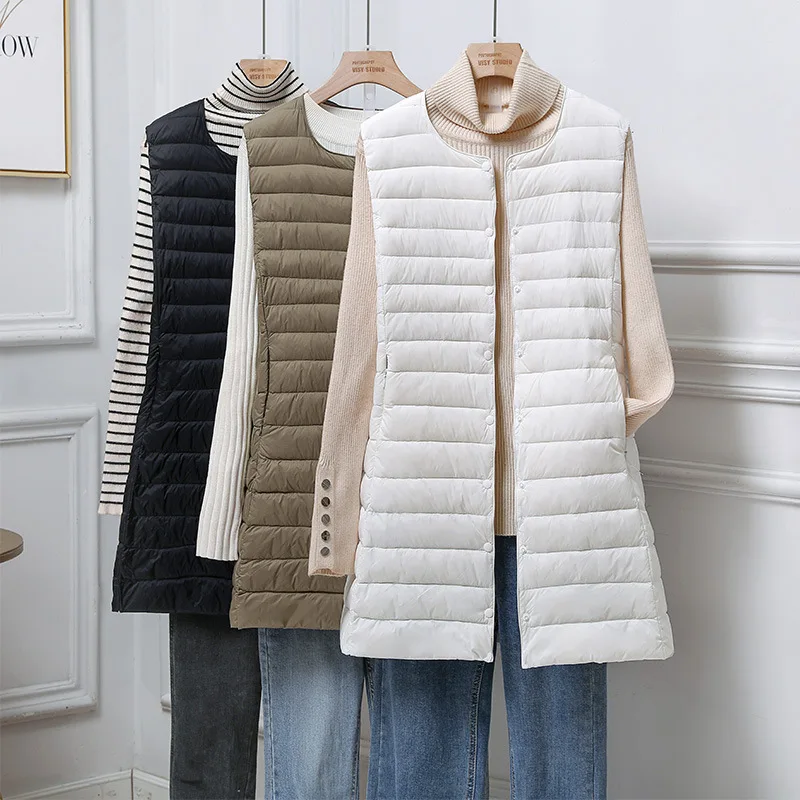 Top Trends: Ultralight Portable Puffer Vest Women Long Collarless 2023 New Autumn Winter Duck Down Waistcoat Sleeveless Button Feather Liner Shoppable Styles