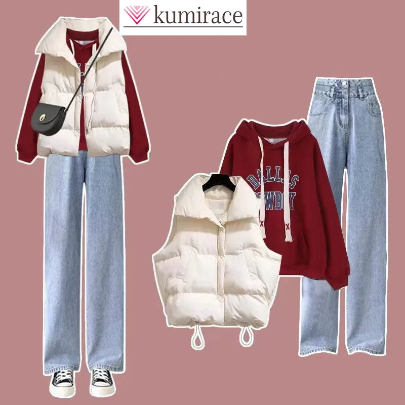 Top Trends: 2023 Korean Style Student Hoodie Thickened Waistcoat Jeans Three Piece Elegant Women's Trousers Suit Winter Warm Outfits Shoppable Styles