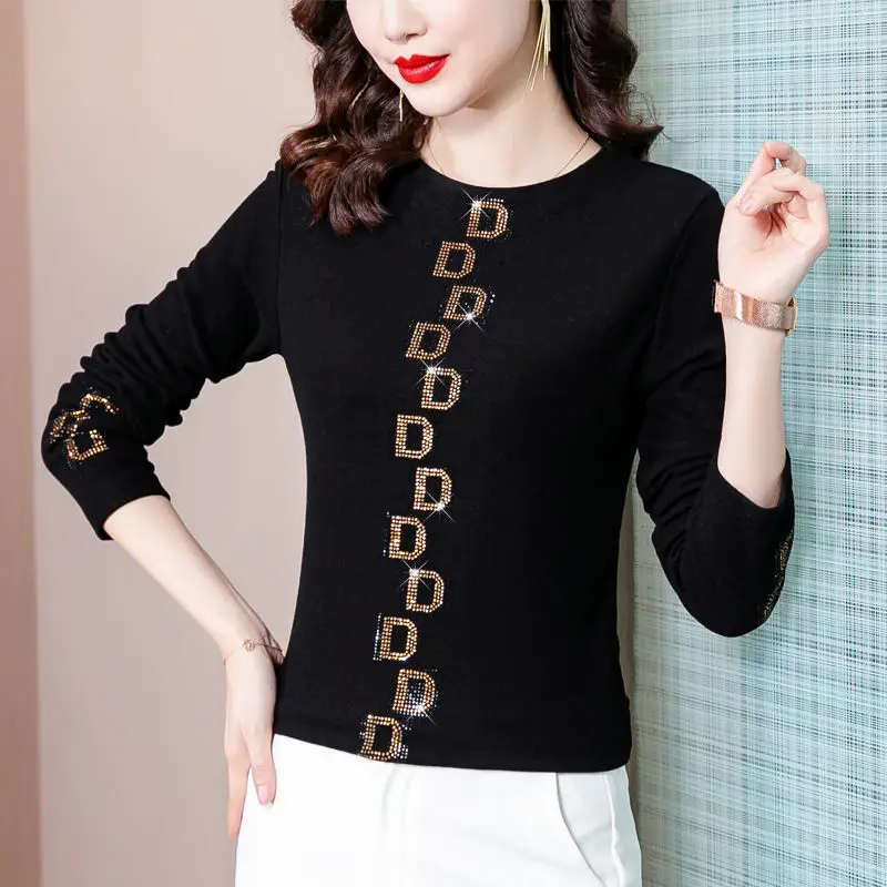 Top Trends: Office Lady Fashion Solid Color T-shirt All-match Letter Chic Diamonds Korean Standard Round Neck Basic Long Sleeve Pullovers Shoppable Styles - Image 3