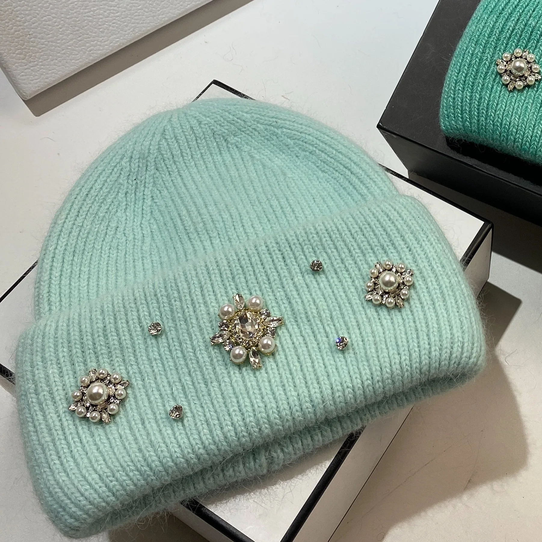 Top Trends: Designer Brand Women Luxury Rhinestones Knitted Hat Autumn Winter Rabbit Fur Beanie Cap Female Thicken Warm Skullies Caps Shoppable Styles - Image 5