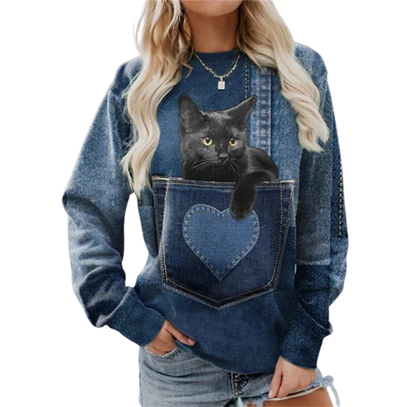 Top Trends: Fashion Cat Pocket Print Round Neck Pullover Sweatshirt Female Autumn Long Sleeve Tops Women Loose Hoodie New Commuter Outerwear Shoppable Styles