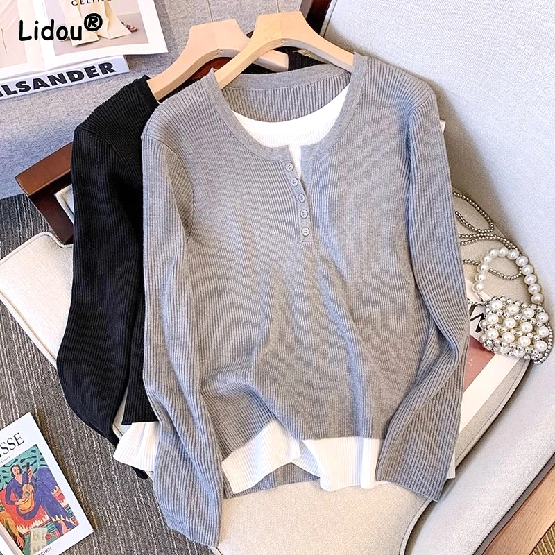 Top Trends: 2023 New Spring And Autumn Fashion Design Fake Two Pieces Round Neck Button Loose Leisure Oversized Long Sleeved Knitted Women Shoppable Styles