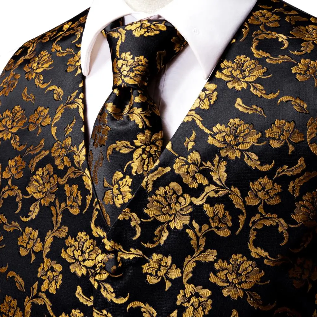 Top Trends: Hi-Tie Luxury Silk Mens Vests Black Gold Floral Jacquard Waistcoat Tie Hanky Cufflinks Brooch Set For Men Suit Wedding Office XL Shoppable Styles - Image 3