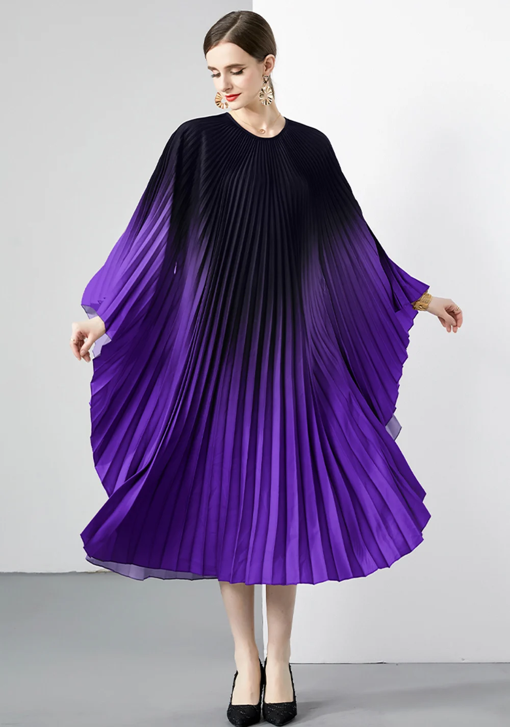 Top Trends: Miyake New Autumn Pleated Long Dress Women Batwing Full Sleeve Gradient Loose Large Size Vintage Party Maxi Dress Vestidos 2023 Shoppable Styles