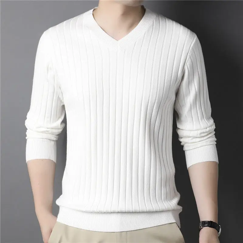 Top Trends: Autumn Winter New Men V-neck Sweater Solid Vertical Stripes Casual Korean Fashion Slim Long Sleeve Bottoming Knitted Pullovers Shoppable Styles