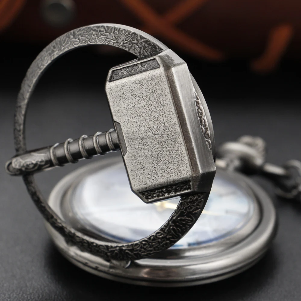 Top Trends: Exquisite Steel Thor Hammer Model Quartz Pocket Watch Grey Hollow Vintage Fob Chain Clock Men's And Children's Best Holiday Gift Shoppable Styles