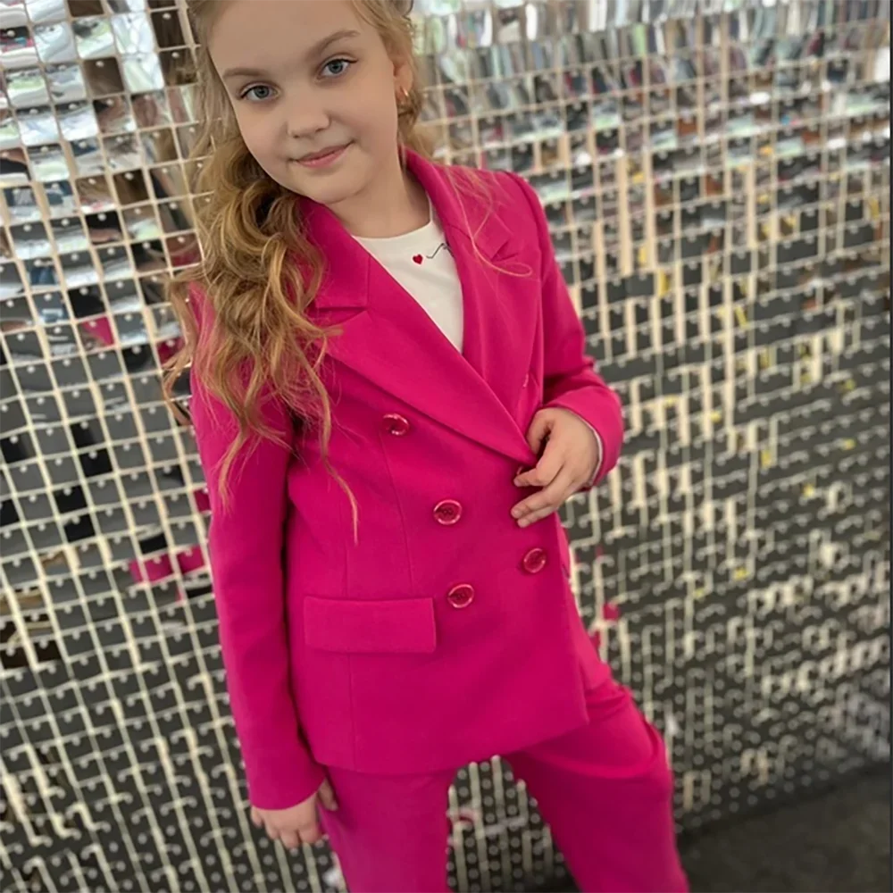 Top Trends: New Boutique Girls&#039; Rose Red Double Breasted Suit Two Pieces Set High Quality Elegant Fashion Children&#039;s Clothing Shoppable Styles