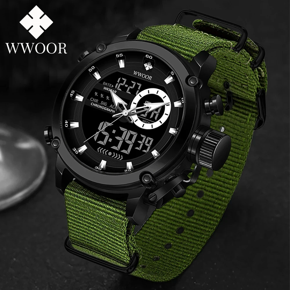 Top Trends: WWOOR New Fashion Military Sports Men's Nylon Watches Digital Quartz Wristwatch Waterproof Dual Display Clock Relogio Masculino Shoppable Styles