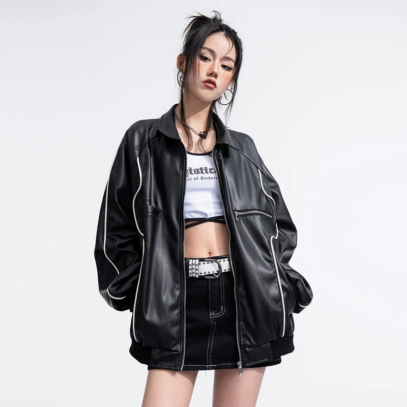 Top Trends: Black Leather Bomber Jackets Women 2022 Fashion Pu Baseball Outerwear Varsity Jacket Streetwear Hip Hop Y2k Unisex Men Top Coats Shoppable Styles