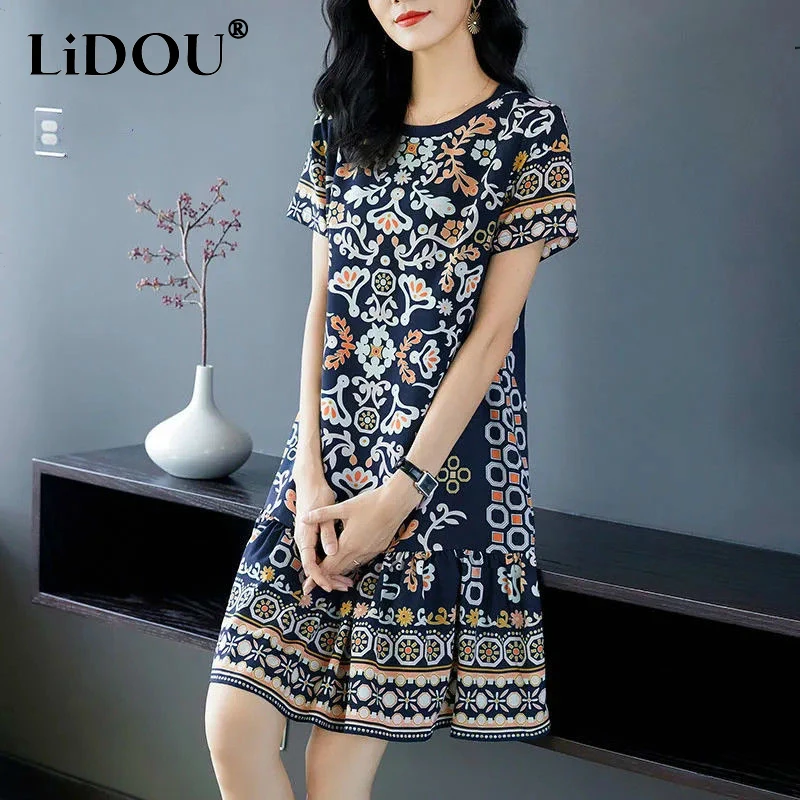 Top Trends: Summer New Korean Elegant Fashion Print Dress Womenshort Sleeve Floral Mid-length A-line Vestidos De Fiesta Aesthetic Robe Femme Shoppable Styles