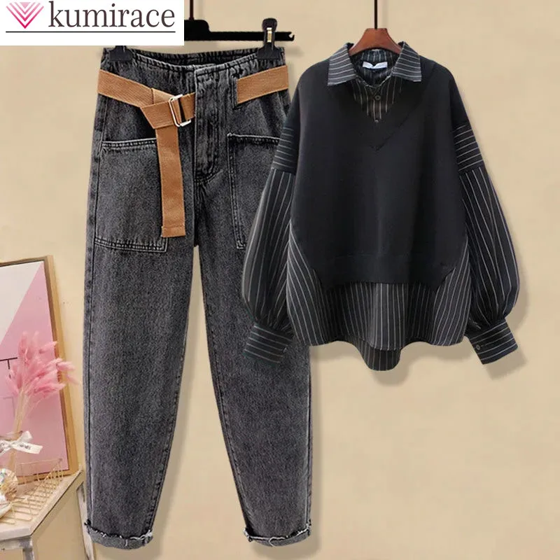 Top Trends: 2024 Spring Striped Patchwork Knit Sweater Shirt Loose Jeans Two-piece Elegant Women's Pants Set Female Student Tracksuit Shoppable Styles