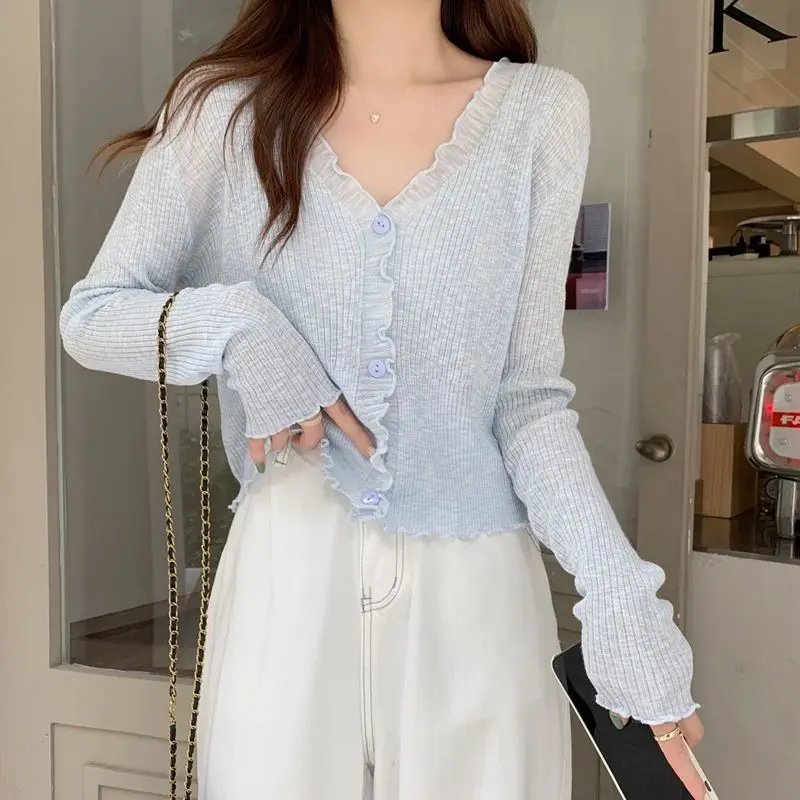 Top Trends: New Summer Cardigan Women Korean Fashion Sweet V-neck Ruched Button Long Sleeve See Through Cropped Cardigans Shoppable Styles