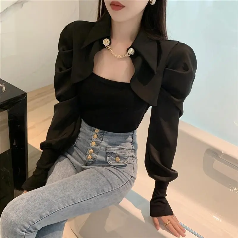 Top Trends: Office Lady Solid Color Patchwork Shirt Slim Fake Two Pieces Spring Autumn Women's Clothing Korean Fashion Button Chain Blouse Shoppable Styles - Image 2