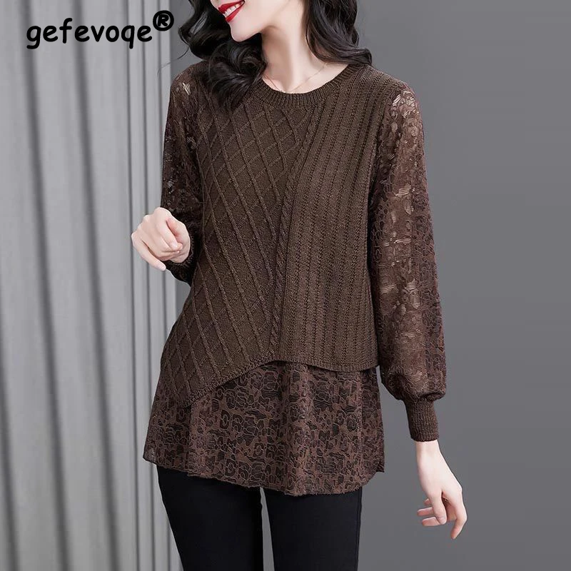 Top Trends: Women Lace Patchwork Elegant Knitted Sweater Autumn Winter Fashion Asymmetrical Chic Long Sleeve Knitwear Solid Loose Pullovers Shoppable Styles