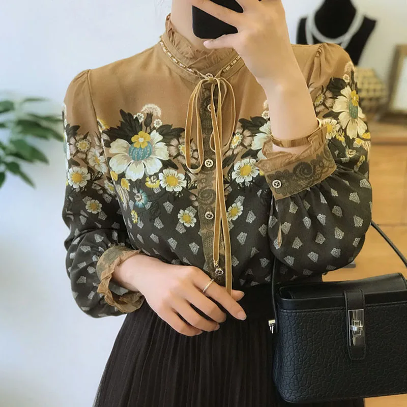 Top Trends: Women&#039;s Clothing Elegant Vintage Printed Spliced Stand Collar Shirt Autumn Fashion Korean Long Sleeve Button Blouse For Female Shoppable Styles