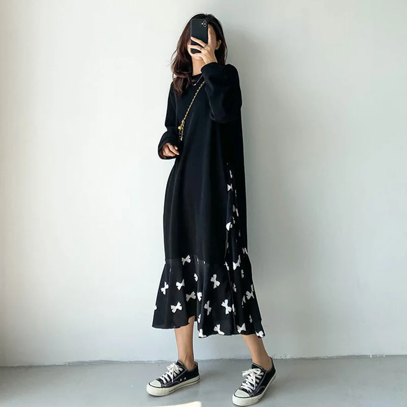 Top Trends: 2023New Autumn Korean Fashion Printing O-neck Loose Long Sleeve Casual Dresses Female Simplicity Patchwork Pullover Tshirt Dress Shoppable Styles