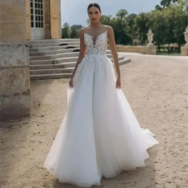 Top Trends: White Tulle Wedding Dresses Sheer Straps Vestido De Novia Lace Applique Party Guest Gown Open Back Boho Rode De Moriee Shoppable Styles