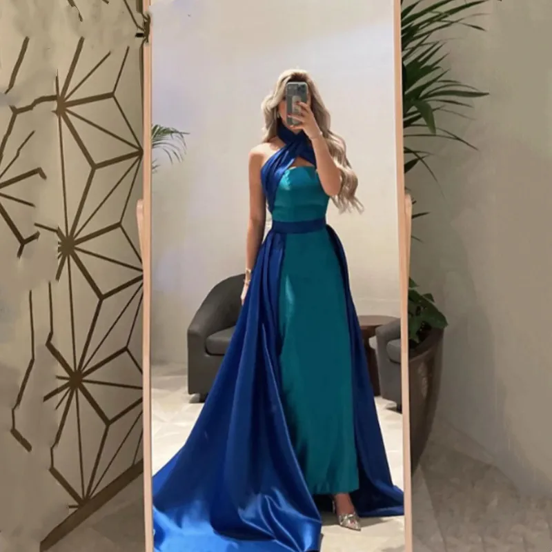 Top Trends: Aleeshuo Arabia Blue Mermaid Satin Prom Dresses Halter Sleeveless Party Dresses Vestidos De Ocasión Ankle-Length Formales 2024 Shoppable Styles