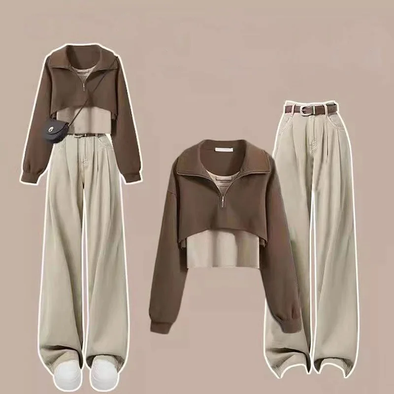 Top Trends: Autumn Set Female Student Korean Version Loose Two Piece Layup Sweater High Waist Wide Leg Pants Three Piece Set Winter Clothes Shoppable Styles - Image 2