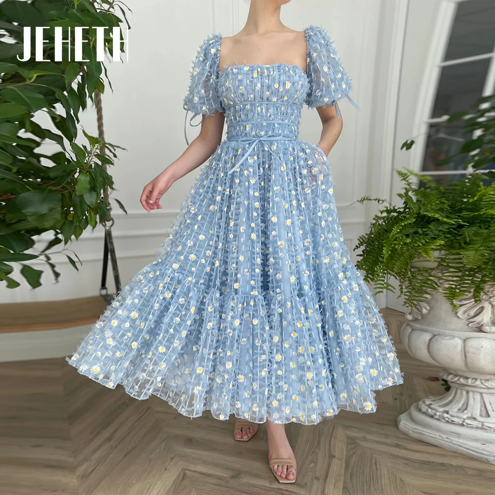 Top Trends: JEHETH Blue Square Neck Prom Dresses Midi Daisies Short Puff Sleeves Evening Gowns Tulle Pockets Ankle Length Vestidos De Fiesta Shoppable Styles