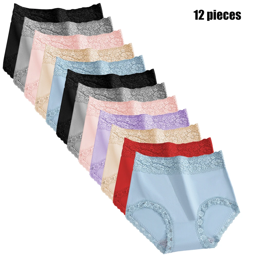 Top Trends: 12PCS High Quality Cotton Panties Women&#039;s Underwear High Waist Lace Resilient Soft Briefs Abdomen In Slimming Lingerie Shoppable Styles