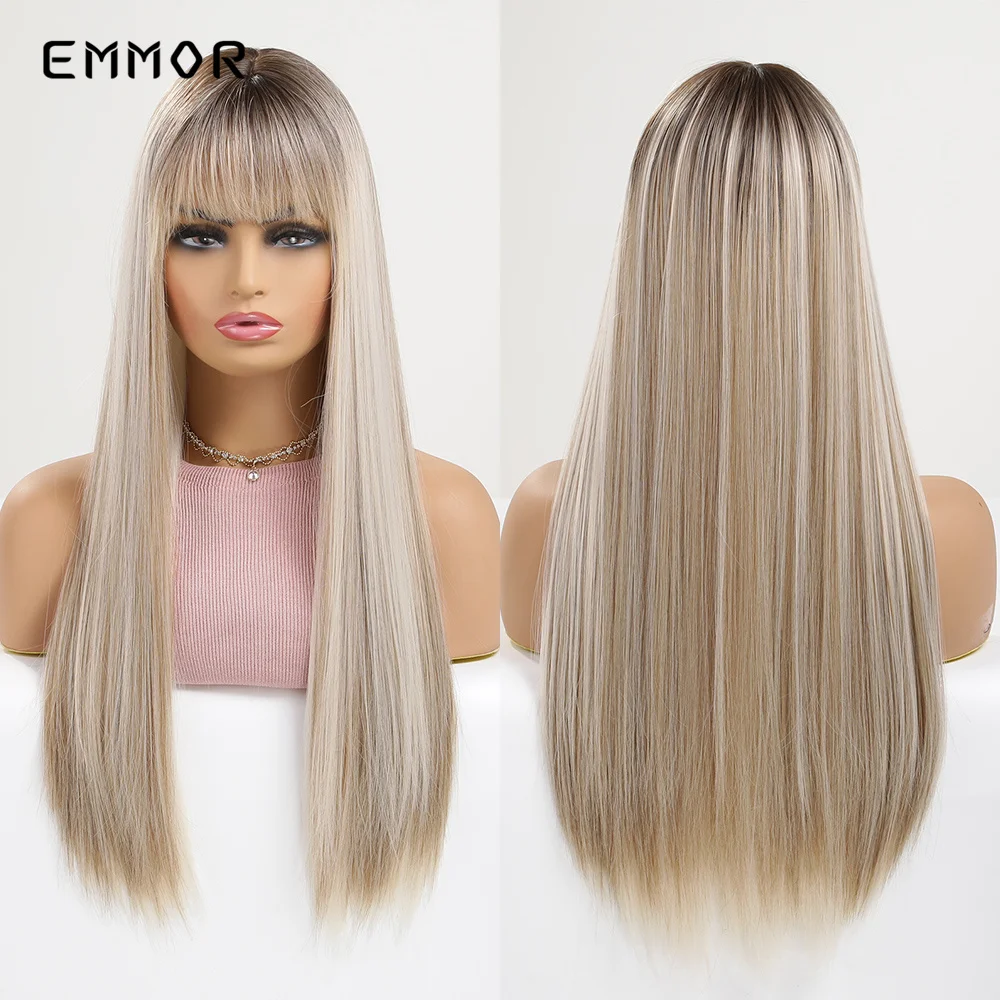 Top Trends: Emmor Synthetic Ombre Brown Blonde Wig Straight Hair Wigs With Bangs High Temperature Halloween Cosplay Daily Use Wig For Women Shoppable Styles