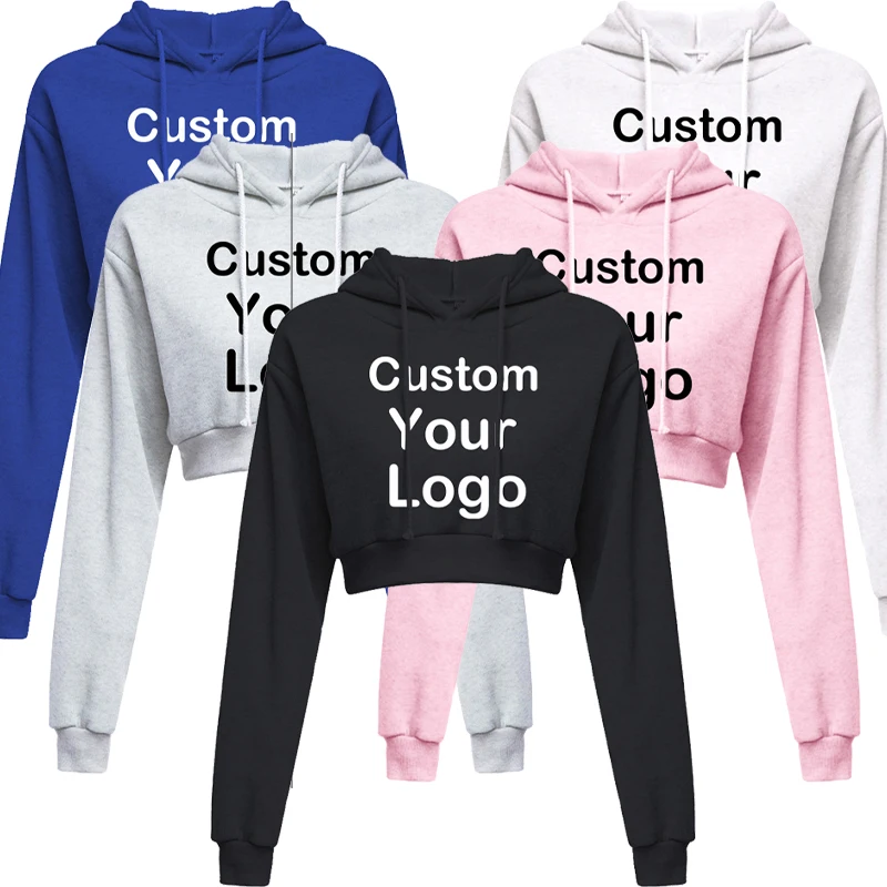 Top Trends: Customized Logo Print Crop Hoodie Women Spring Autumn Pullovers Ladies Solid Color Drawstring Hooded Full Sleeve Sweatshirt Shoppable Styles